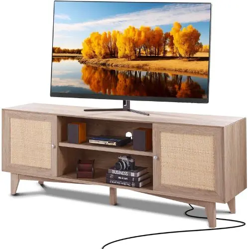 Boho Rattan Tv Stand Mid Century Tv Cabinet For 75 Inch Tv With Built-In Socket Usb Ports & Adjustable Shelves (Oak) 1