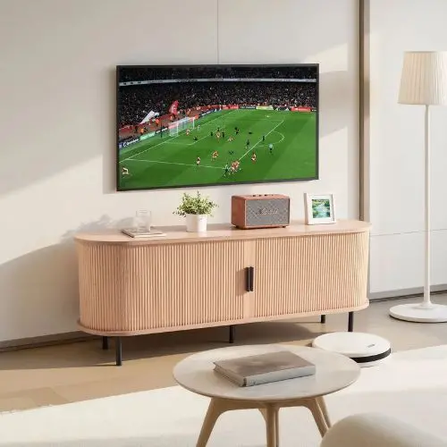 Boho Tv Stand For Tvs Up To 58 In Entertainment Center With Adjustable Shelves & Rolling Door 350 Lbs Load - (Burlywood) 1