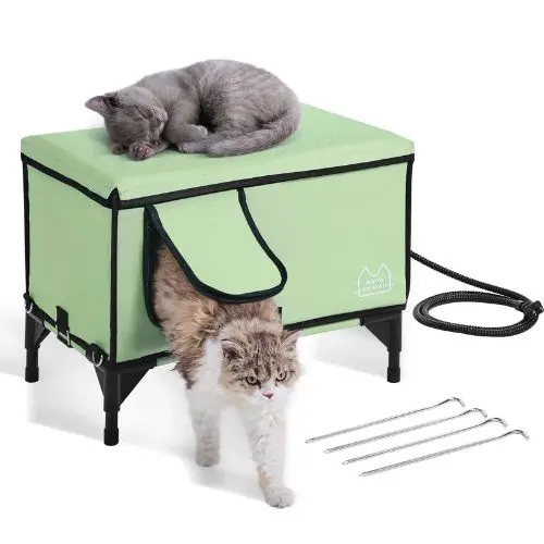 Elevated Heated Cat House With Adjustable Temperature Foldable Cuboid Shelter Heated Pad For Winter Green (Medium) 1