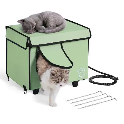 Elevated Heated Cat House With Adjustable Temperature Foldable Cuboid Shelter Heated Pad For Winter Green (Small) 1