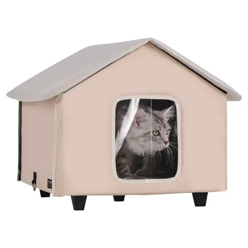 Elevated Heated Cat House With Timer Foldable Outdoor Shelter Heated Pad For Winter Brown (Medium) 1