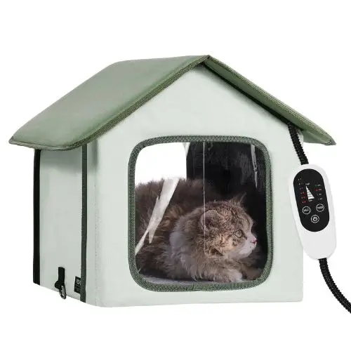 Elevated Heated Cat House With Timer Foldable Outdoor Shelter Heated Pad For Winter Green (Small) 1
