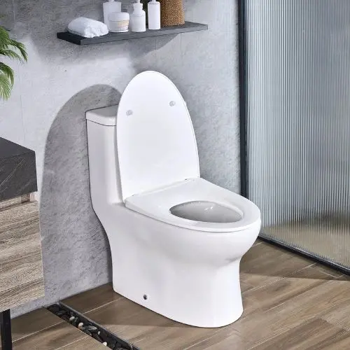 Elongated One-Piece Toilet Vortex Dual-Flush 1.0/1.28 Gpf Comfortable Chair Seat Standard Height 12" Rough-In White & Silver Easy-Clean Skirted Design 1