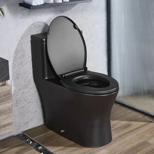 Elongated One-Piece Toilet Vortex Dual-Flush 1.0/1.28 Gpf Easy-Clean Skirted Design (Black & Silver) 1