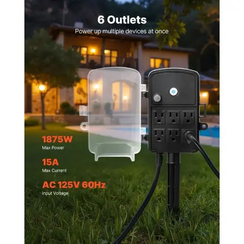 Extension Cord Overload Protection Outdoor Power Strip Weatherproof With Cover 6 Outlets 1