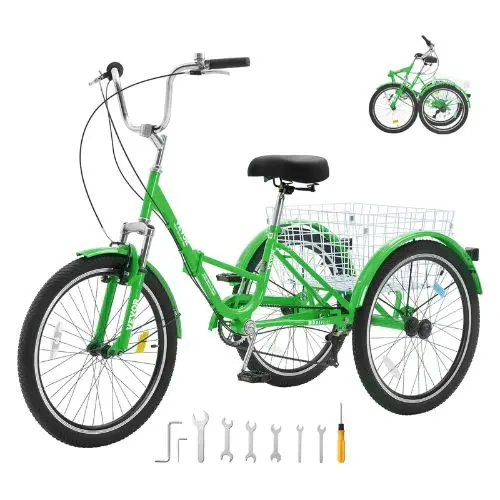Folding Adult Tricycle 24", 7-Speed Carbon Steel 3-Wheel Cruiser Bike With Basket & Adjustable Seat For Women Men 1