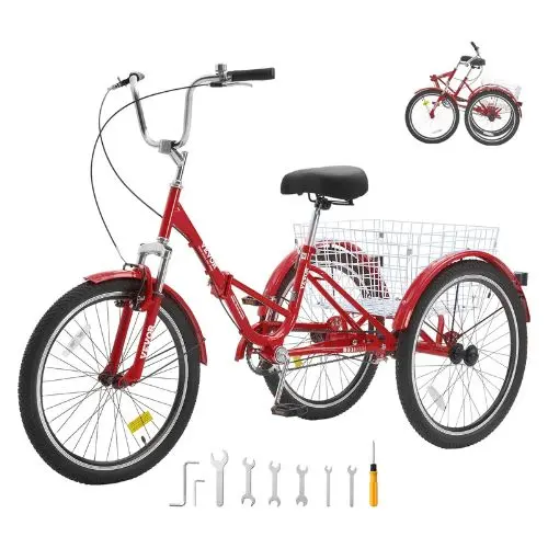 Folding Adult Tricycle 24", Carbon Steel 3-Wheel Cruiser Bike With Large Basket & Adjustable Seat For Women Men 1