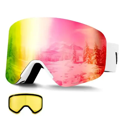 Frameless Magnetic Ski Goggles With Pink Revo Cylindrical Lens Otg Anti-Fog For Men Women & Youth 1
