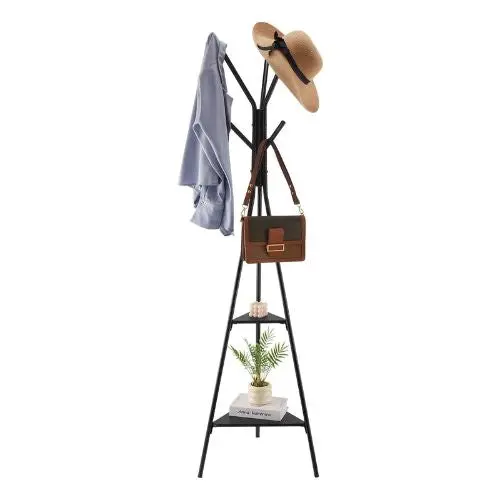 Freestanding Coat Rack Stand With 2 Shelves & 6 Hooks Modern Coat Tree For Entryway Bedroom & Living Room 1