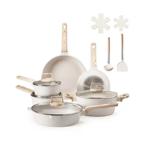 Granite Nonstick Cookware Set Induction Cookwares And Cooking Sets For Kitchen (17 Piece) White" 1
