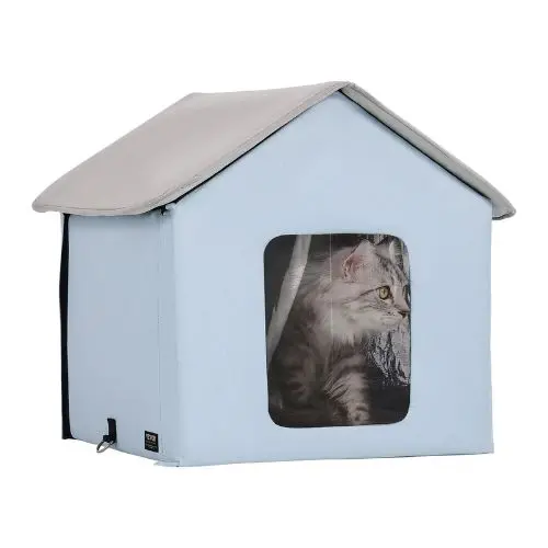 Heated Outdoor Cat House With Timer Foldable Shelter Heated Pad For Winter Blue (Small) 1
