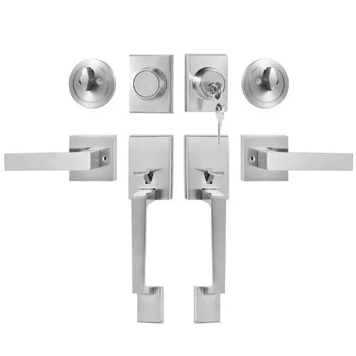 Heavy Duty Double Door Handle Set, Satin Nickel Square Lever Lock With Reversible Handle  For Front Entry Or Office Door 1