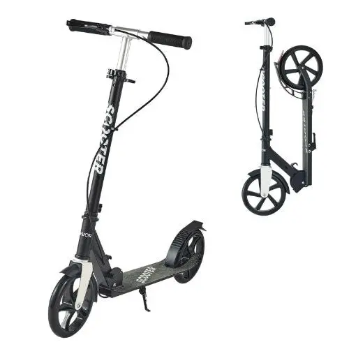 Kick Scooter For Kids 8+ Teens & Adults – 2-Wheel Adjustable Handlebar Anti-Slip Deck Foldable Black & Silver Up To 220 Lbs 1