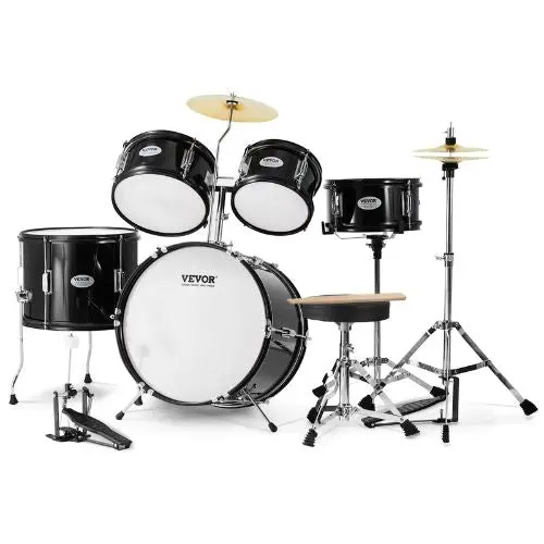 Kids 5-Piece 16″ Beginner Drum Set With Throne, Cymbals & Pedal (Black) 1