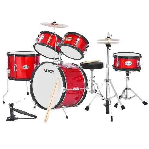 Kids 5-Piece 16″ Drum Set – Beginner Kit With Adjustable Throne Cymbal & Drumsticks (Red) 1