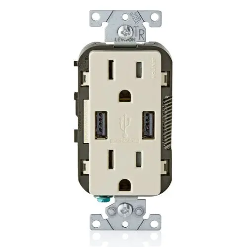 Leviton 15A 125V Wall Outlet Usb Charger Tamper Resistant Receptacle Light Almond T5632-T 1