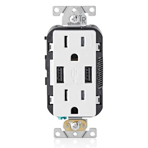 Leviton 15A 125V Wall Outlet Usb Charger Tamper Resistant Receptacle White T5632-Sw 1
