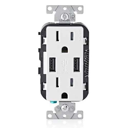 Leviton 15A 125V Wall Outlet Usb Charger Tamper Resistant Receptacle White T5632-W 1