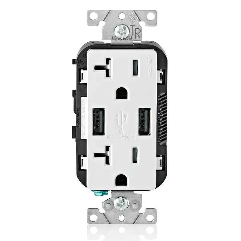 Leviton 3.6 Amps Wall Outlet Charger With 20A Tamper-Resistant Receptacles T5832-W 1