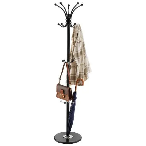 Metal Coat Rack With Umbrella Holder 14 Hooks & Marble Base – Stylish Entryway Tree For Hats Scarves Bag 1