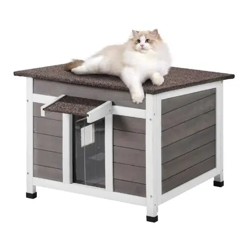 Outdoor Wooden Cat House With Pvc Door Flaps And Window Weatherproof Shelter For Multiple Cats 24"L X 21"W X 18"H 1