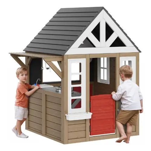 Outdoor Wooden Kids Playhouse Garden Cottage With Door, Window & Sink For Kids 1