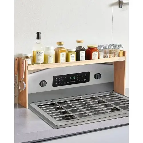"Over Stove Spice Shelf With 6 Hooks - Kitchen Spice Organizer & Countertop Storage Solution Easy To Assemble" 1