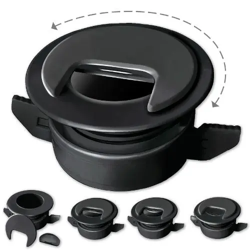 Patented “Twist Lock Grommet” Tool-Free Self Securing And Locking Wire/Cable Pass-Thru, With Adjustable Cap Slider Opening 1