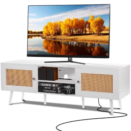 Rattan Tv Cabinet For 65 Inch Tv Boho Entertainment Center With Built-In Socket Usb Ports & Storage (White) 1