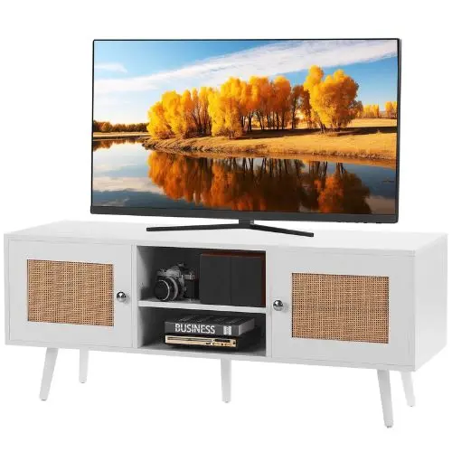 Rattan Tv Stand For 55 Inch Tv Boho Mid Century Modern Tv Cabinet With Adjustable Shelves (White) 1