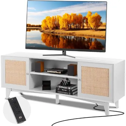 Rattan Tv Stand For 75 Inch Tv Boho Console With Rattan Doors & Built-In Socket (White) 1