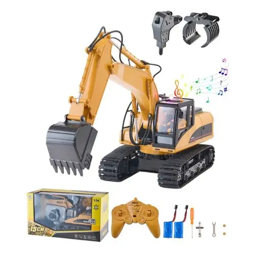 Rc Excavator Toy 1:14 Scale – 15-Channel 3-In-1 Remote Control Digger With Metal Shovel, Lights & Sound, 2 Batteries 1