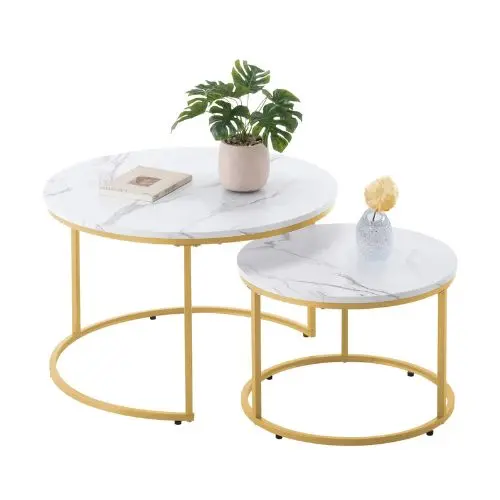 Round Nesting Coffee Tables Set Of 2 – White & Gold 1