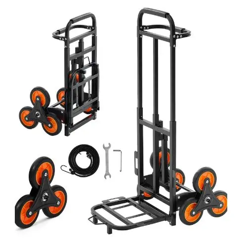 Stair Climbing Cart 220 Lbs Stair Climbing Capacity Heavy Duty Folding Trolley Cart With Telescoping Handle 6 Wheels And 2 Bungee Cords 1
