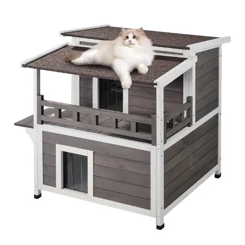 Weatherproof 2-Story Outdoor Cat House With Balcony Pvc Door Flaps Open Roof 30"L X 30"W X 32"H 1