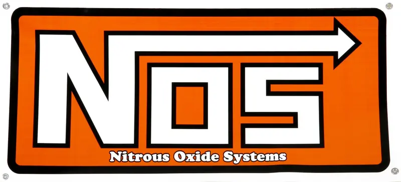 Nos Vinyl Banner – 38" X 18", Red Background With Classic Nitrous Oxide Systems Logo & Grommets 1