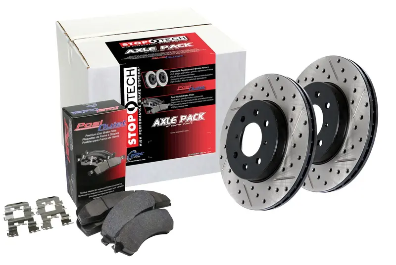 Stoptech Street Rear Brake Kit – Drilled And Slotted Rotors With Premium Pads (Model 938.47506) 1